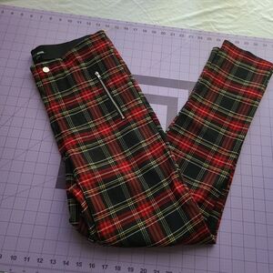 Red/Black Plaid Tartan Punk Rock Zipper Skinny Leggings Pants